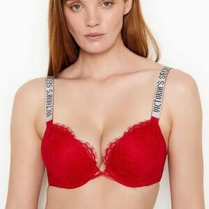 Victoria Secret Very Sexy Shine Strap Lipstick Red Lace Push-Up Bra 36B